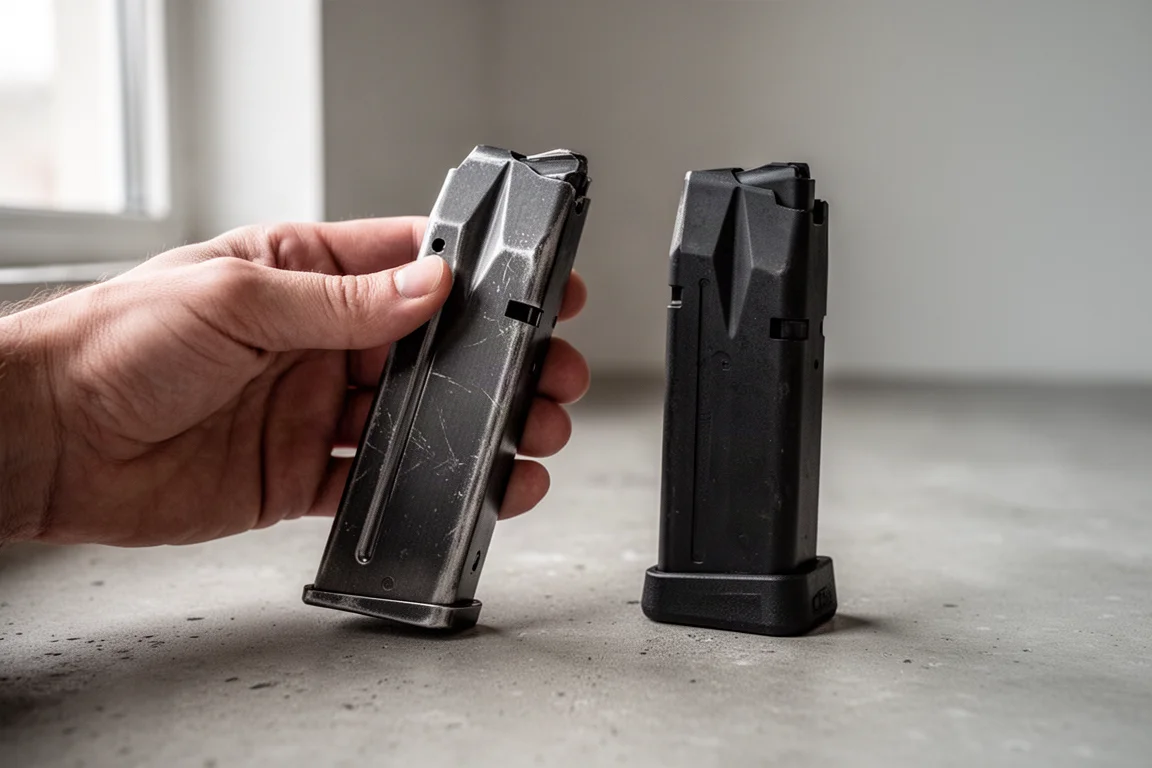 Mano sosteniendo un cargador de pistola de airsoft de aluminio ligero junto a un cargador estándar de polímero