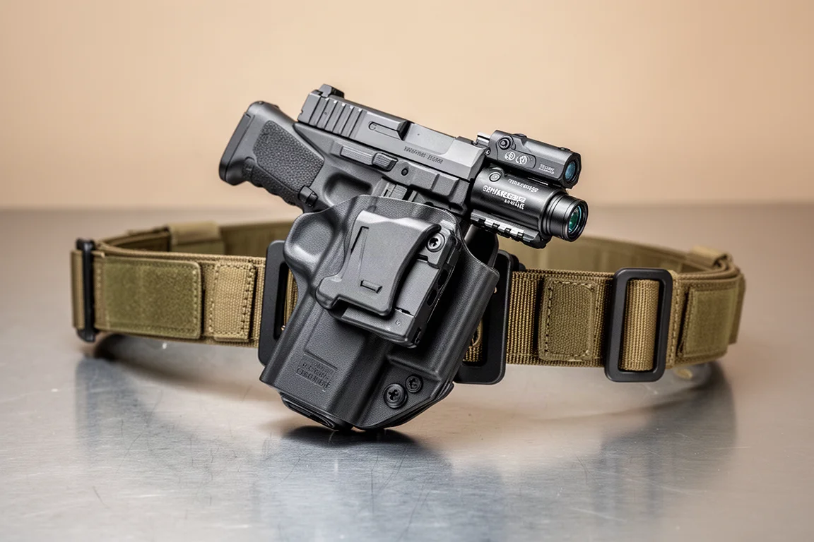 Pistola de airsoft asegurada en un sistema de funda universal con una linterna táctica acoplada
