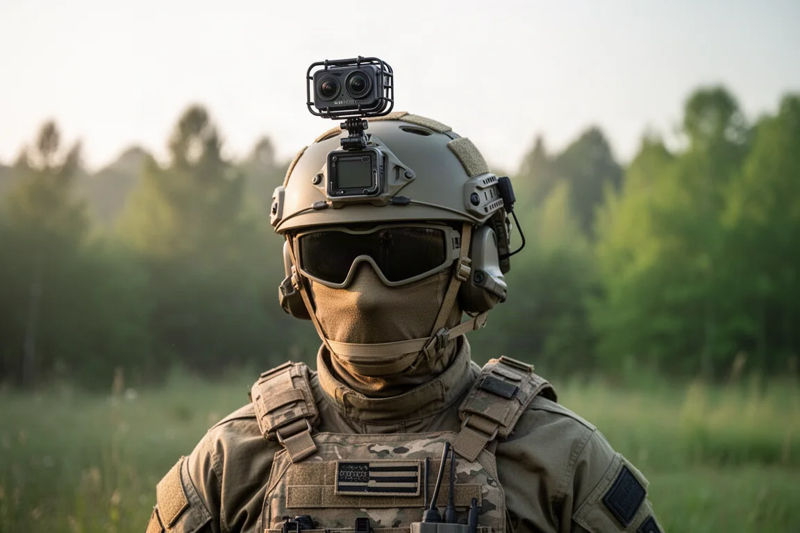 Jugador de airsoft con cámara de 360 grados montada en el casco en un campo al aire libre