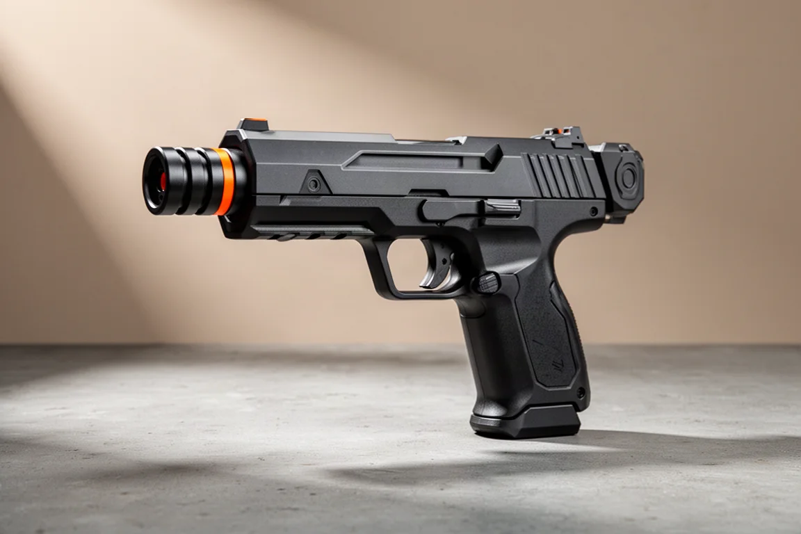 Pistola airsoft Krytac Maxim 9 com invólucro estilo supressor integrado sobre superfície de concreto