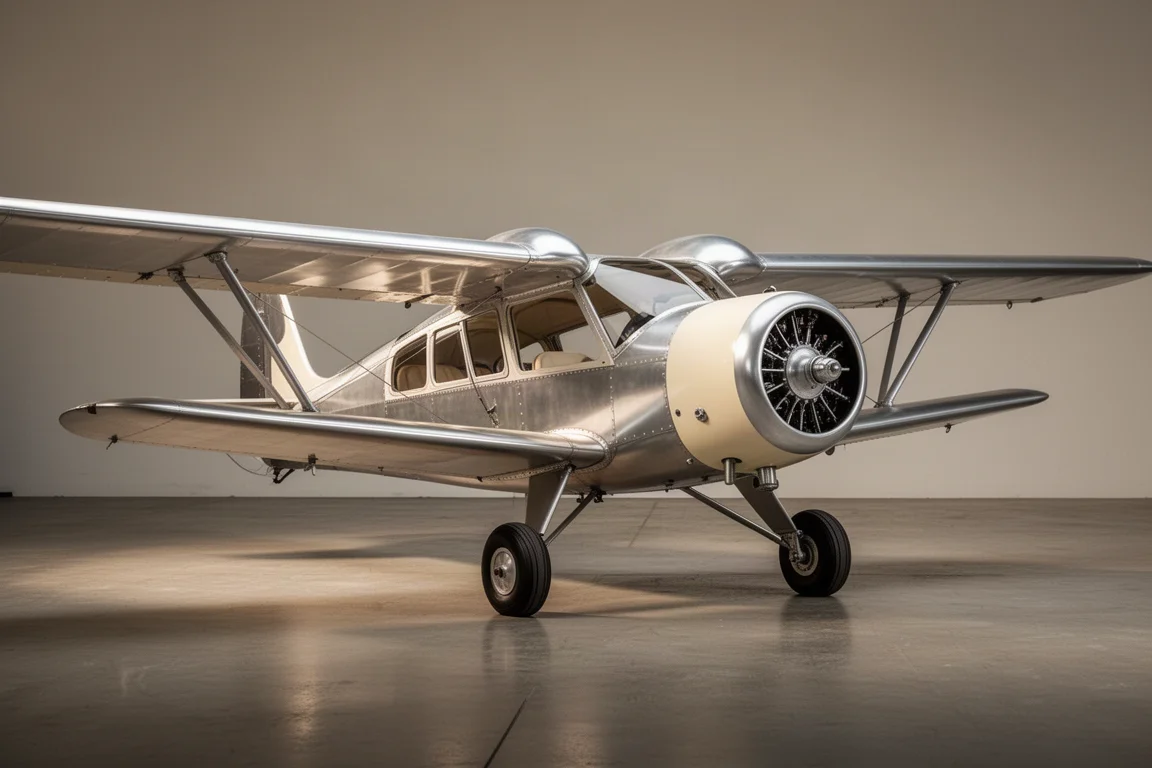 Kit aircraft biposto in stile vintage sul pavimento di un hangar