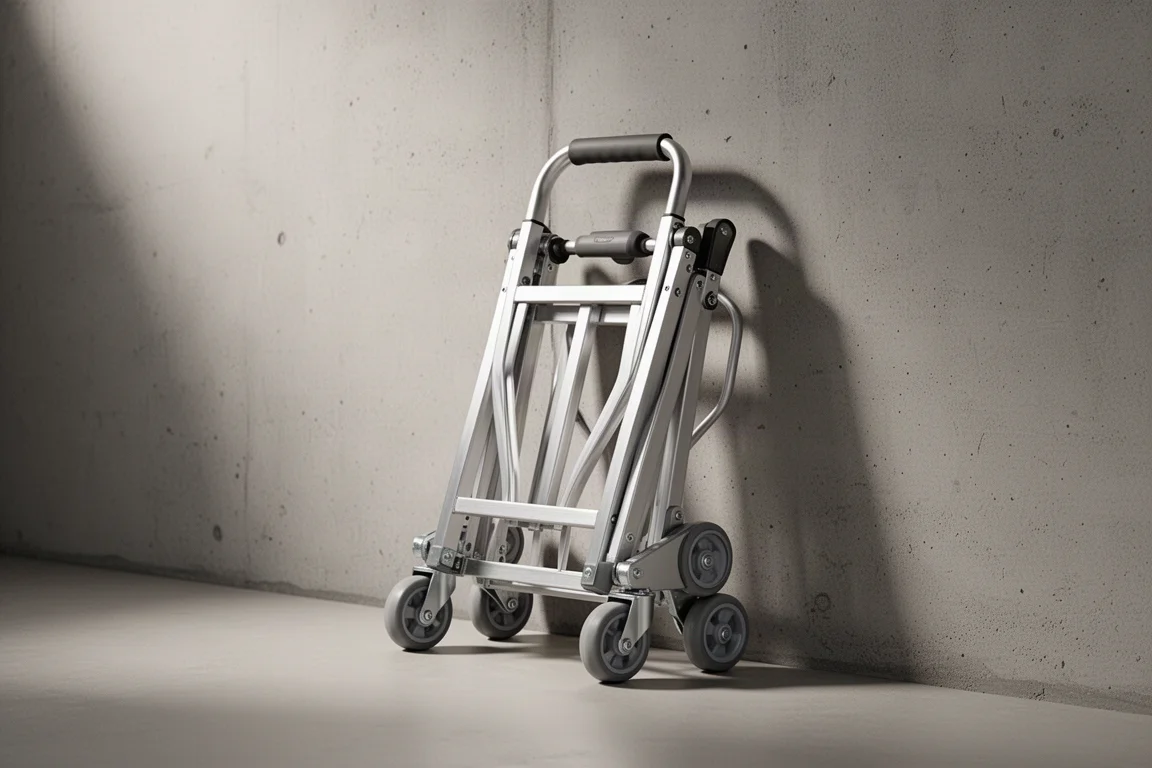 Folded aluminum hand truck with six gray wheels leaning against a concrete wall