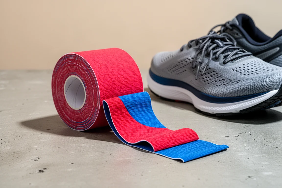 Rolls of red and blue kinesiology tape beside a running shoe on concrete