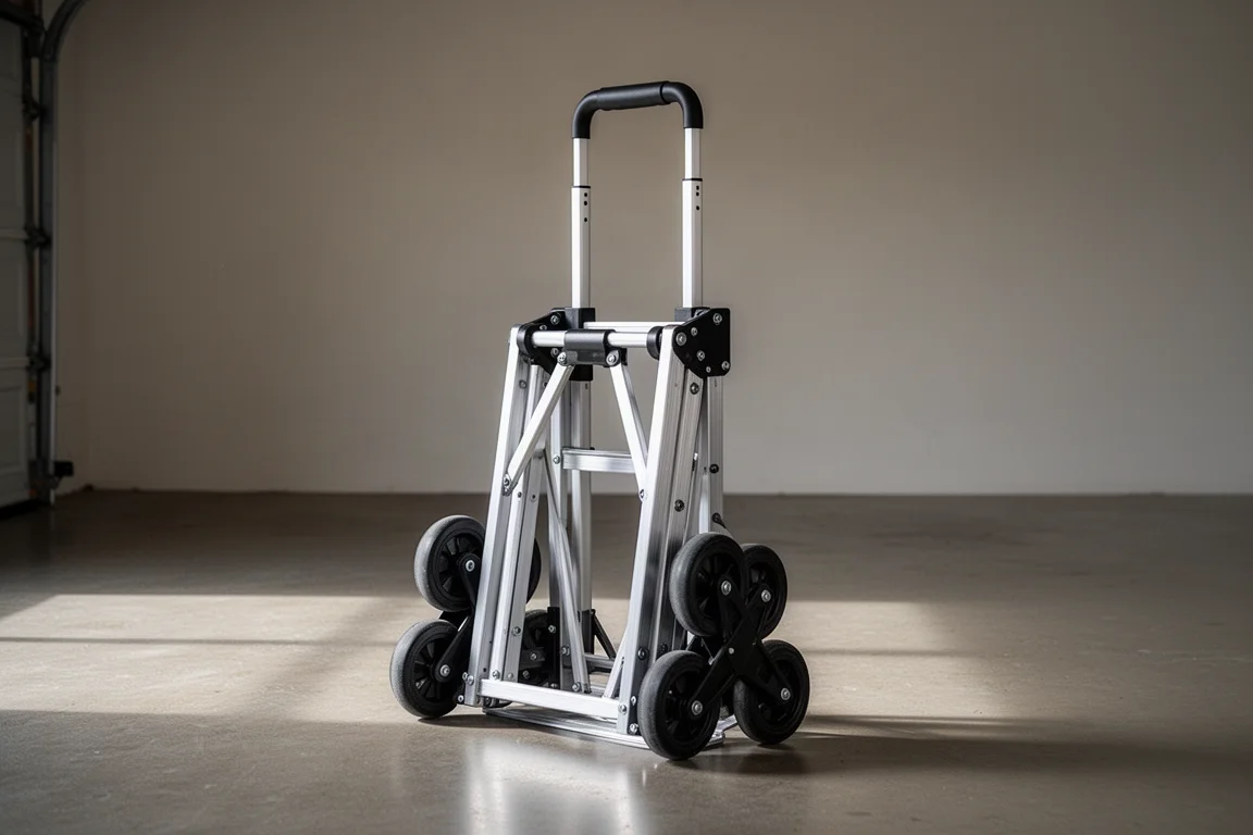 Folding stair-climbing hand truck with triple wheel clusters on a concrete floor