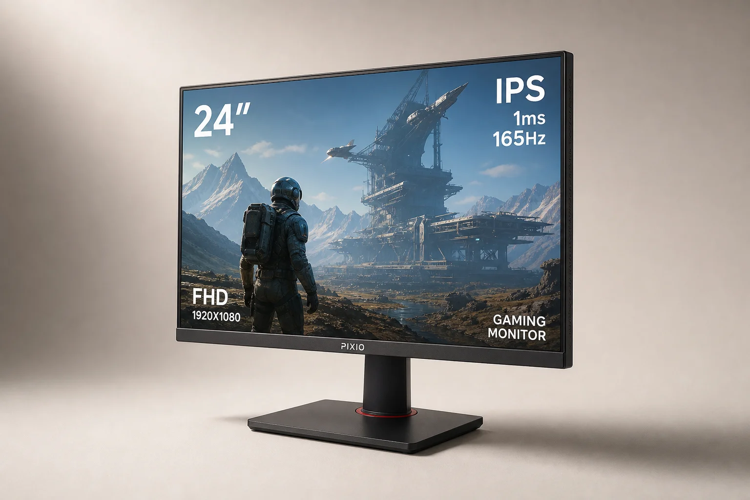 Cinque monitor da gaming disposti su una superficie in cemento che mostrano display IPS e OLED a 1440p