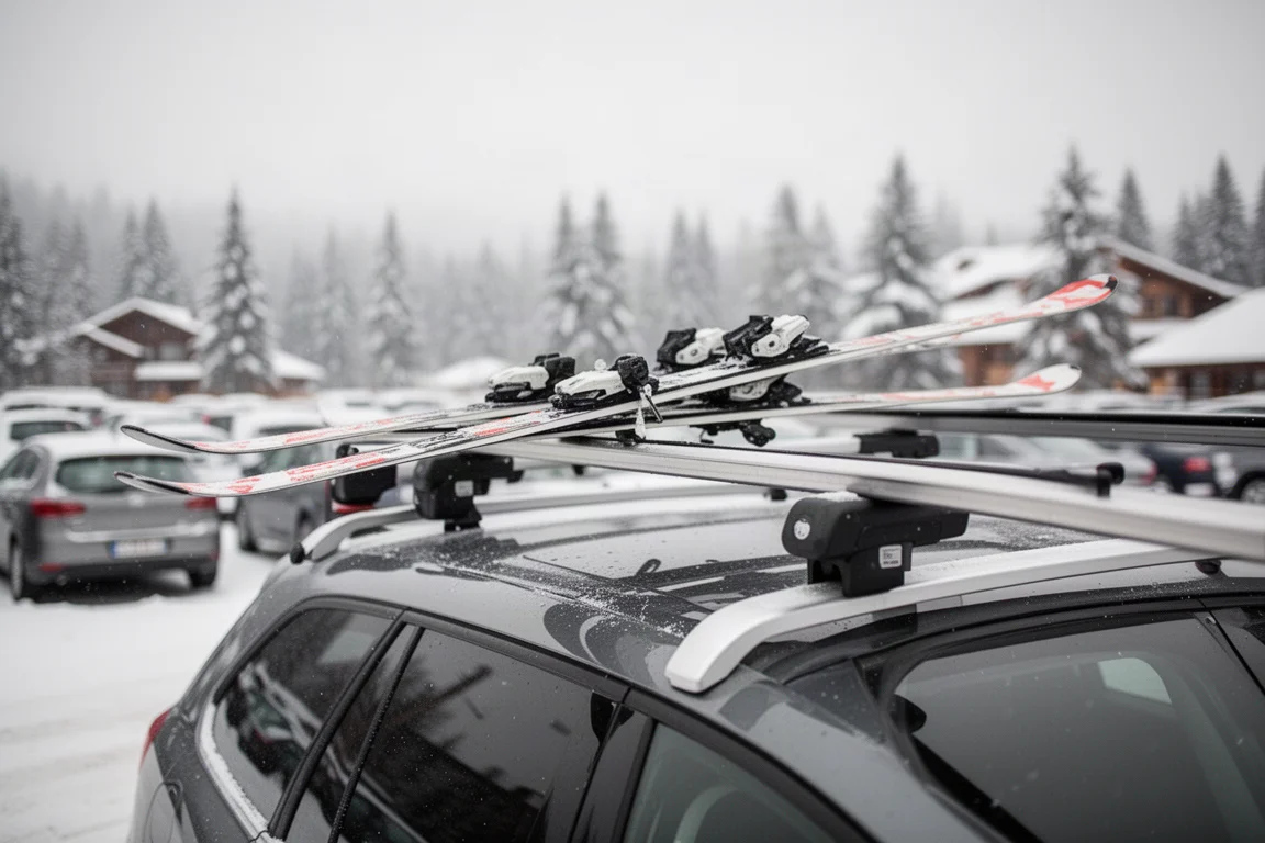Skifahrer schiebt Ski in eine Dachträgerschiene, ohne aufs Auto zu klettern