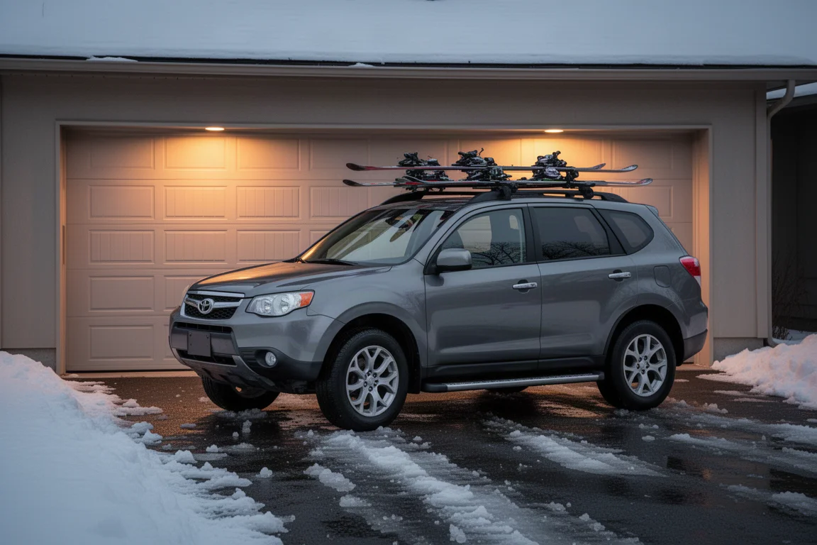 Skiträger auf dem Dach eines SUV, geparkt vor einer Garage