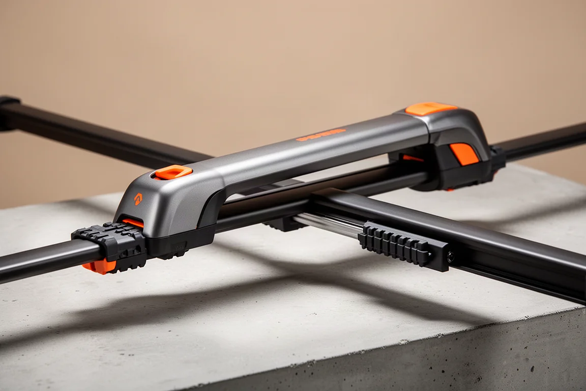 Low-profile ski roof rack in gunmetal grey with orange accents on a crossbar