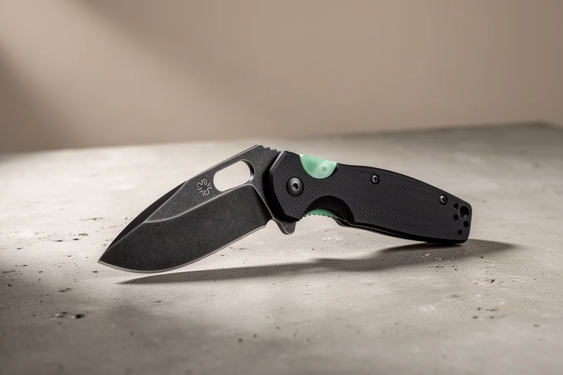 Folding knife with modified sheepsfoot blade and black G10 scales on concrete
