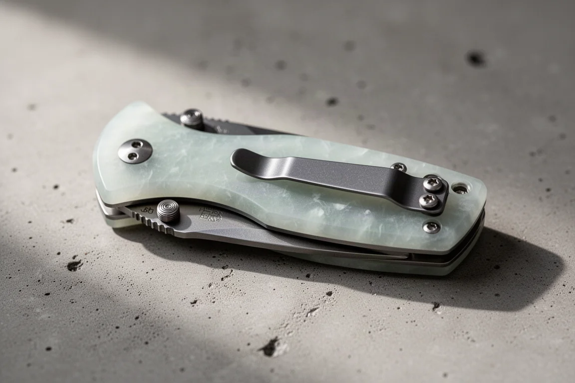 Coltello pieghevole chiuso conpiaghe G10 incolori e texturizzate appoggiato sul cemento