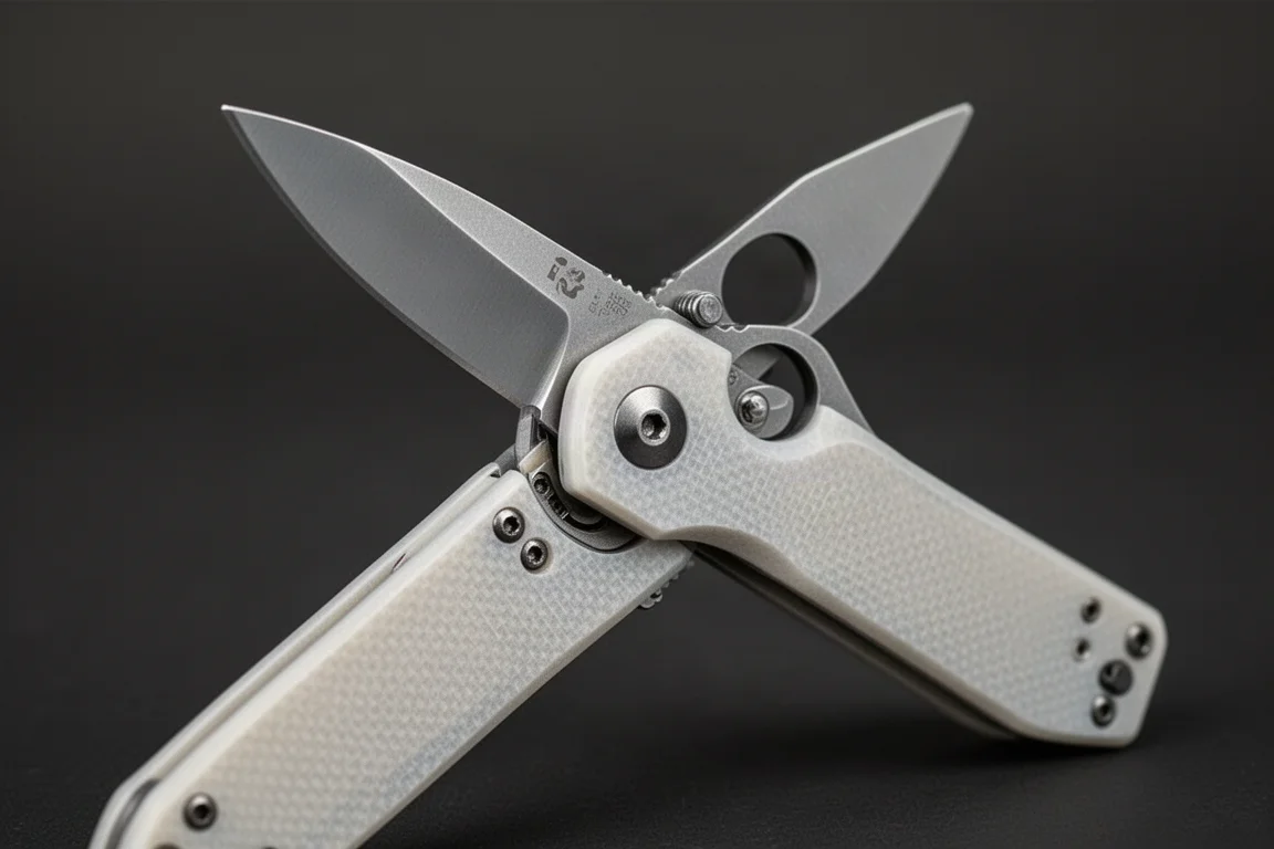 Coltello pieghevole semiaperto che mostra il perno della lama e il funzionamento a cuscinetti