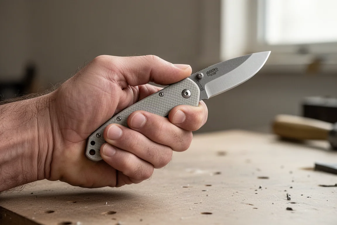 Coltello pieghevole di dimensioni tascabili tenuto in presa completa a quattro dita