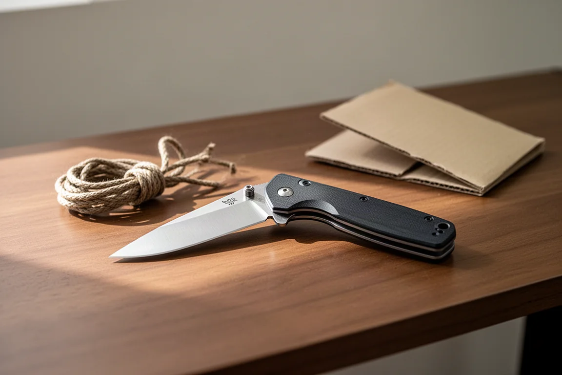 Folding knife open on a wooden desk with tools in soft daylight