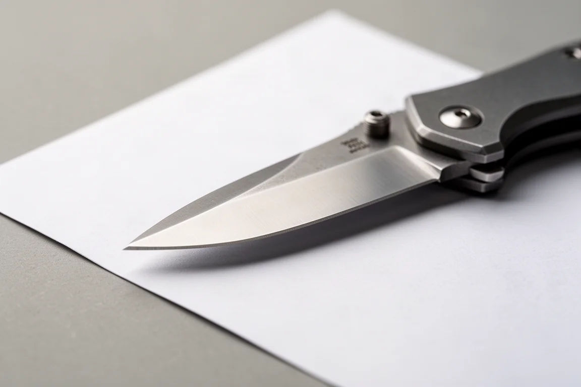 Close-up of a folding knife blade tip and flat grind against plain paper