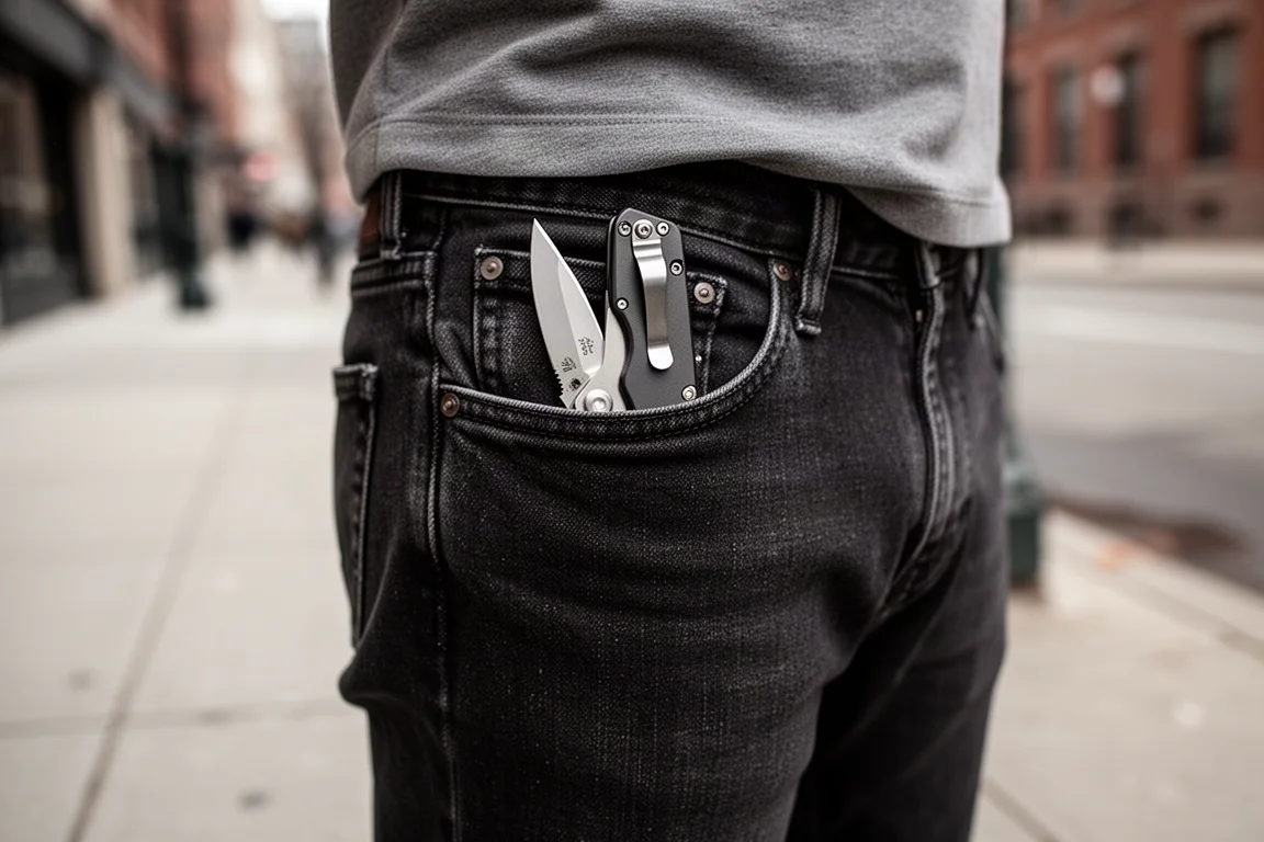 Folding knife clipped inside a jeans pocket in an everyday carry scene