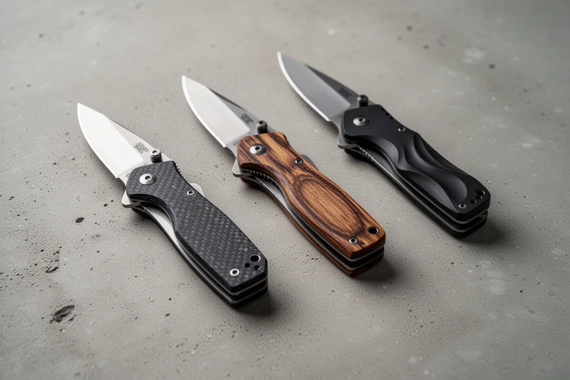 Three folding knives arranged in a row on a concrete surface for comparison