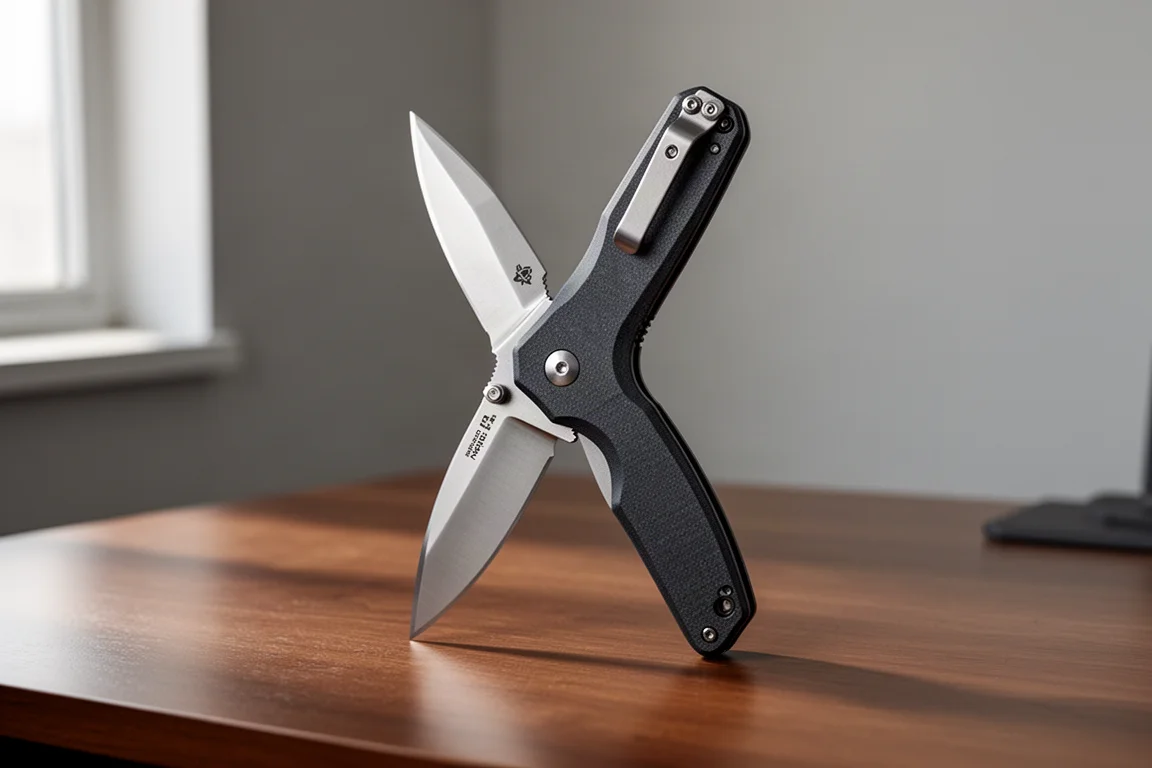 Open folding knife with dark G10 handle on a wooden desk in soft light
