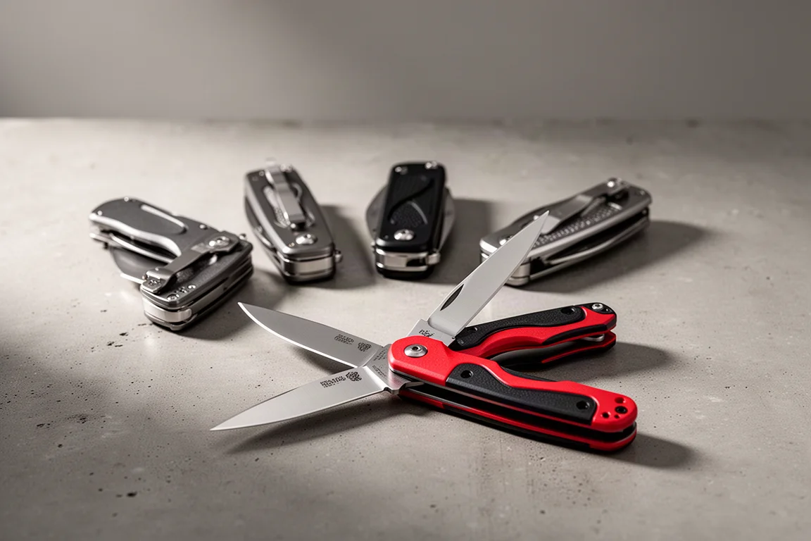 Four Kubei folding knives arranged on a concrete surface with the red and black Leaf open in front
