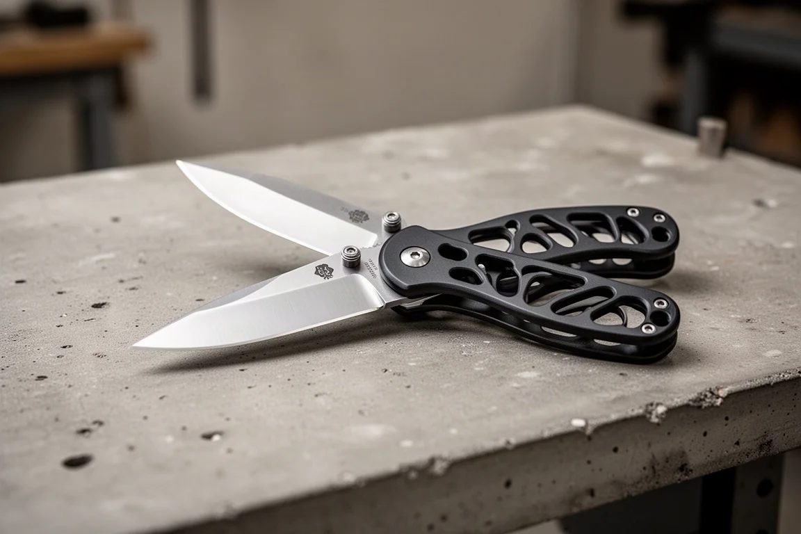 Coltello pieghevole robusto con lama di tre pollici aperto su un tavolo da officina