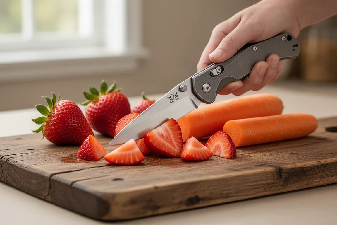 Coltello pieghevole usato per tagliare fragole e verdure su un tagliere di legno