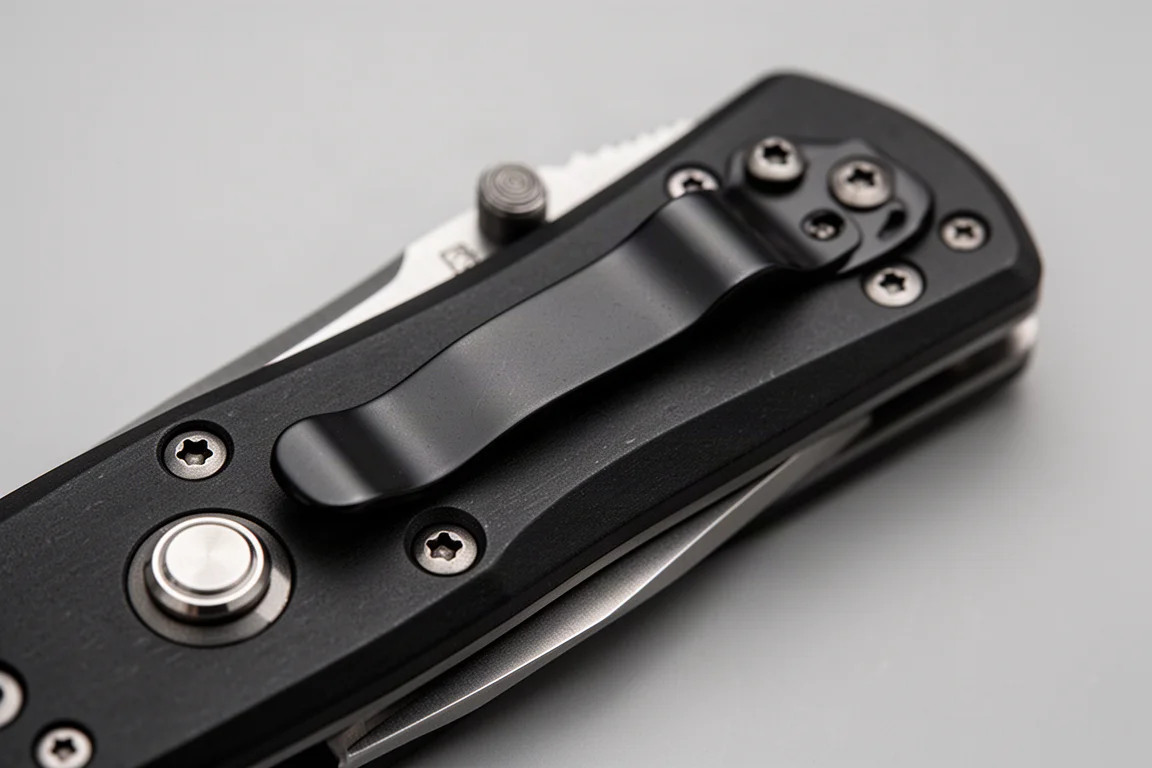 Dettaglio di rifinitura di un coltello pieghevole con perno per il pollice e clip da tasca
