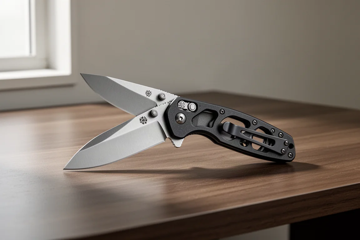 Stout black folding knife with satin blade on a brushed wood desk