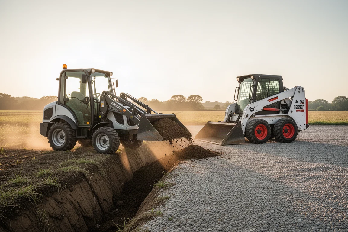 Trattore compatto e skid steer che lavorano insieme su un progetto in una proprietà rurale