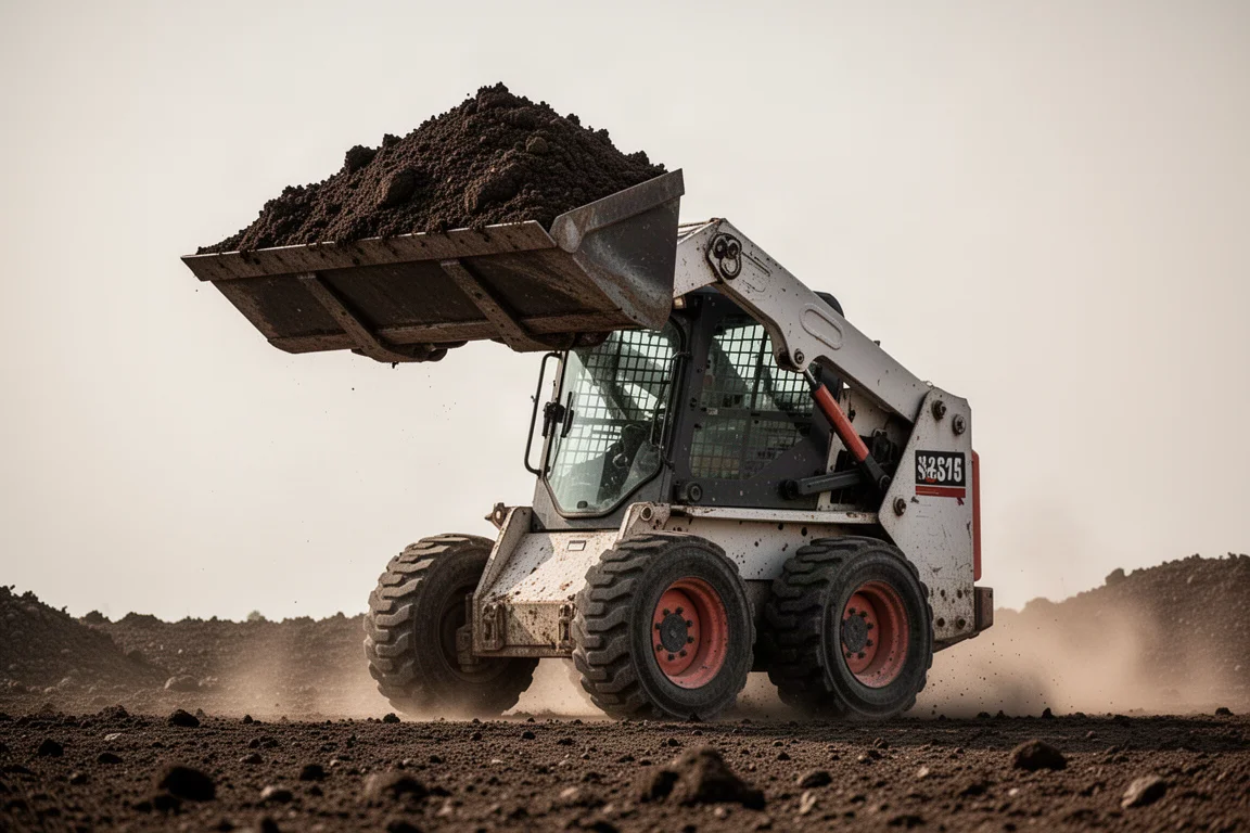 Il benna della skid steer trasporta un carico pieno di materiale attraverso il cantiere