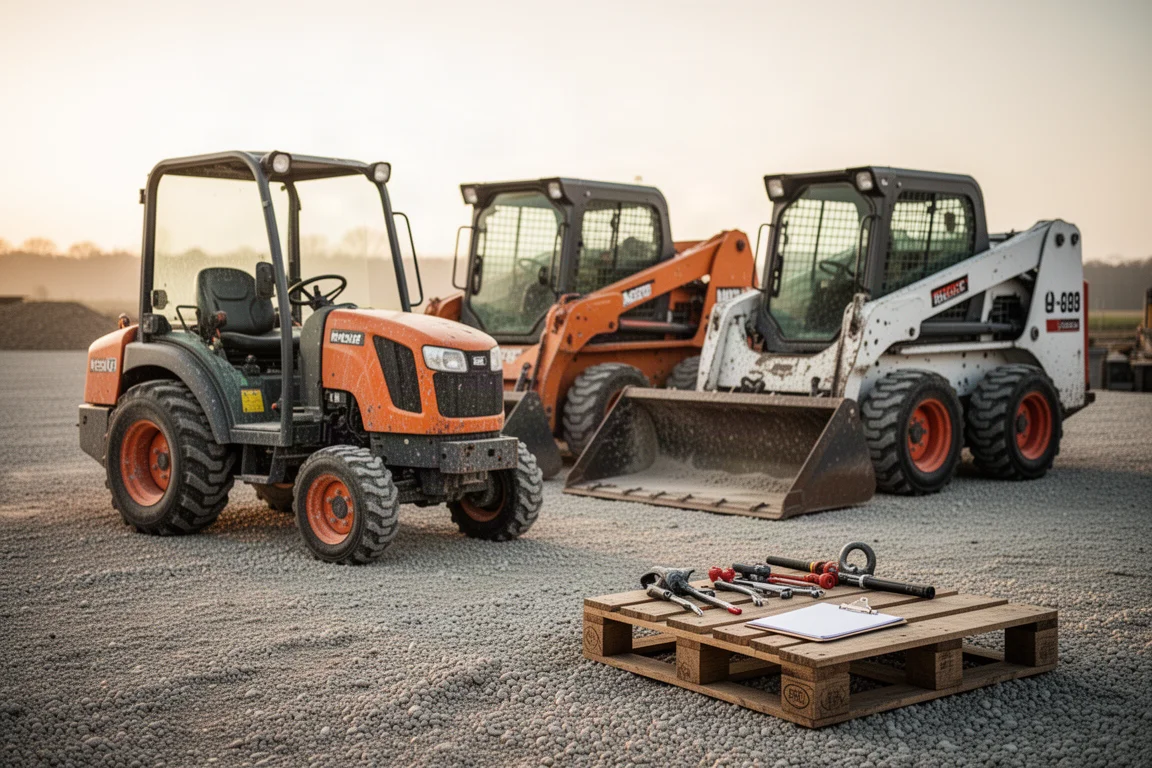 Trattore compatto e skid steer usati ispezionati su una piazzola in ghiaia prima dell'acquisto