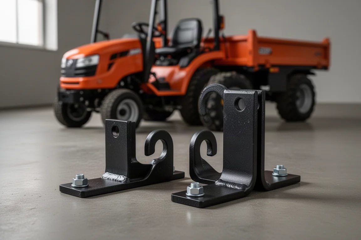 Two black steel tractor tie-down brackets on a workshop floor beside a compact tractor
