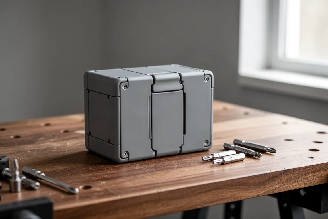 Cubo magnetico pieghevole di attrezzi chiuso in piedi su una benchetta di lavoro