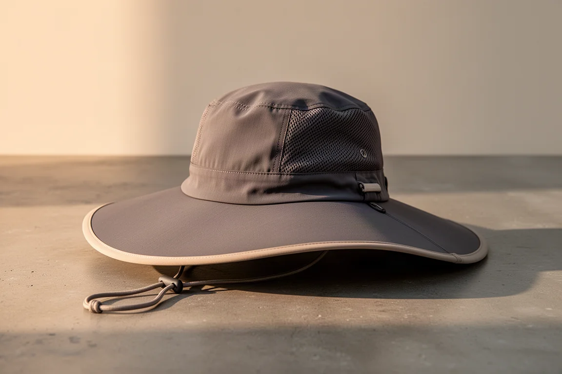 Wide-brimmed sun hat with mesh side panels resting on a concrete surface