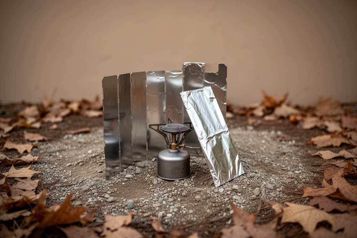 Cortavientos de papel de aluminio plegado alrededor de un hornillo en una cresta ventosa