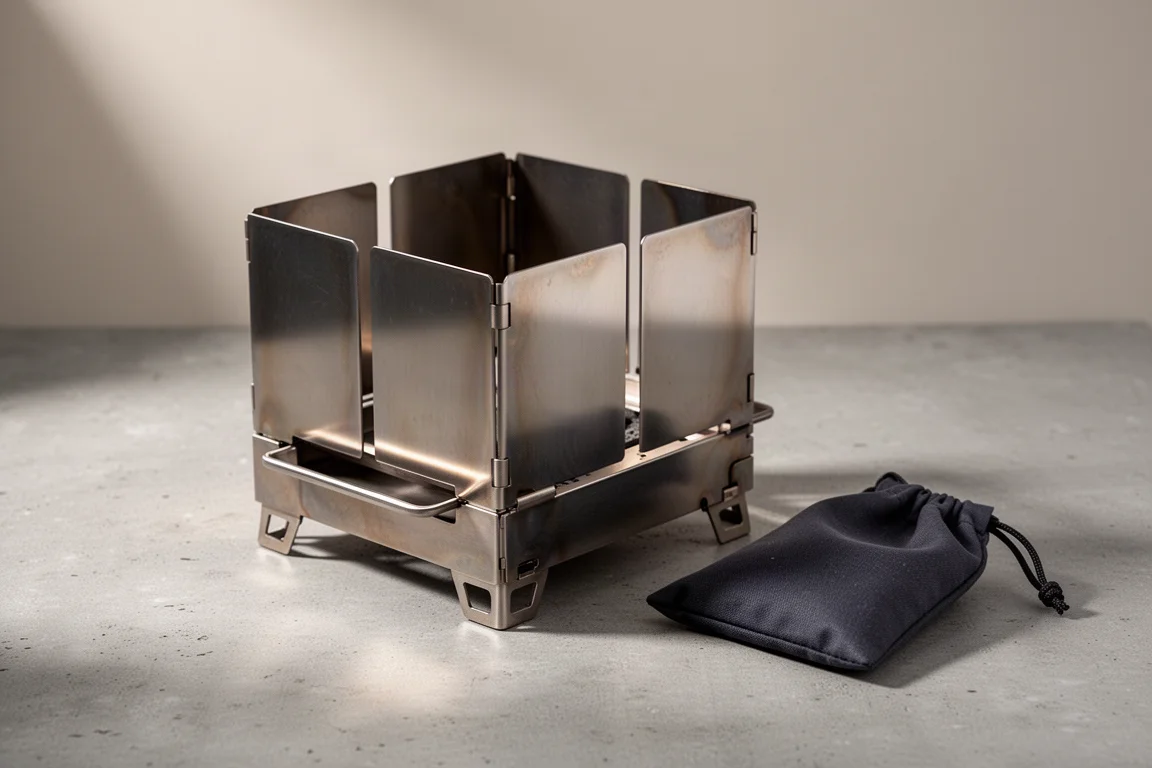 Assembled titanium solid fuel stove with a small pot on a matte concrete surface