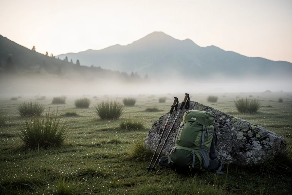 Backpacking campsite in a misty alpine meadow at dawn with gear resting on a rock
