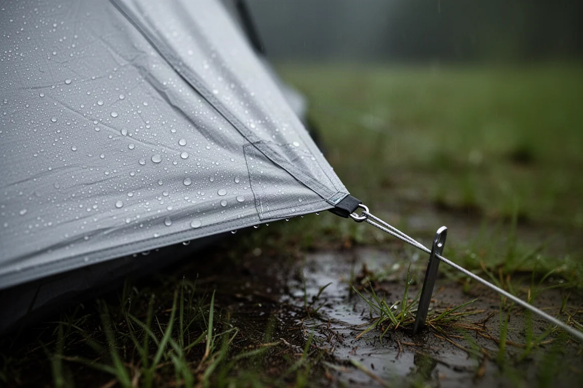 Rain beading on taut tent fabric beside a tensioned guy line and stake in wet grass