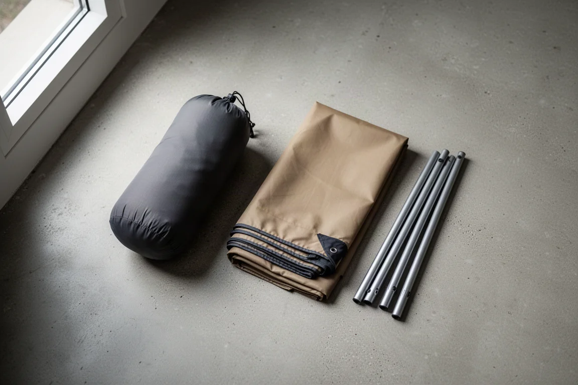Overhead flat lay of a compact tent stuff sack, folded ground sheet, and pole segments