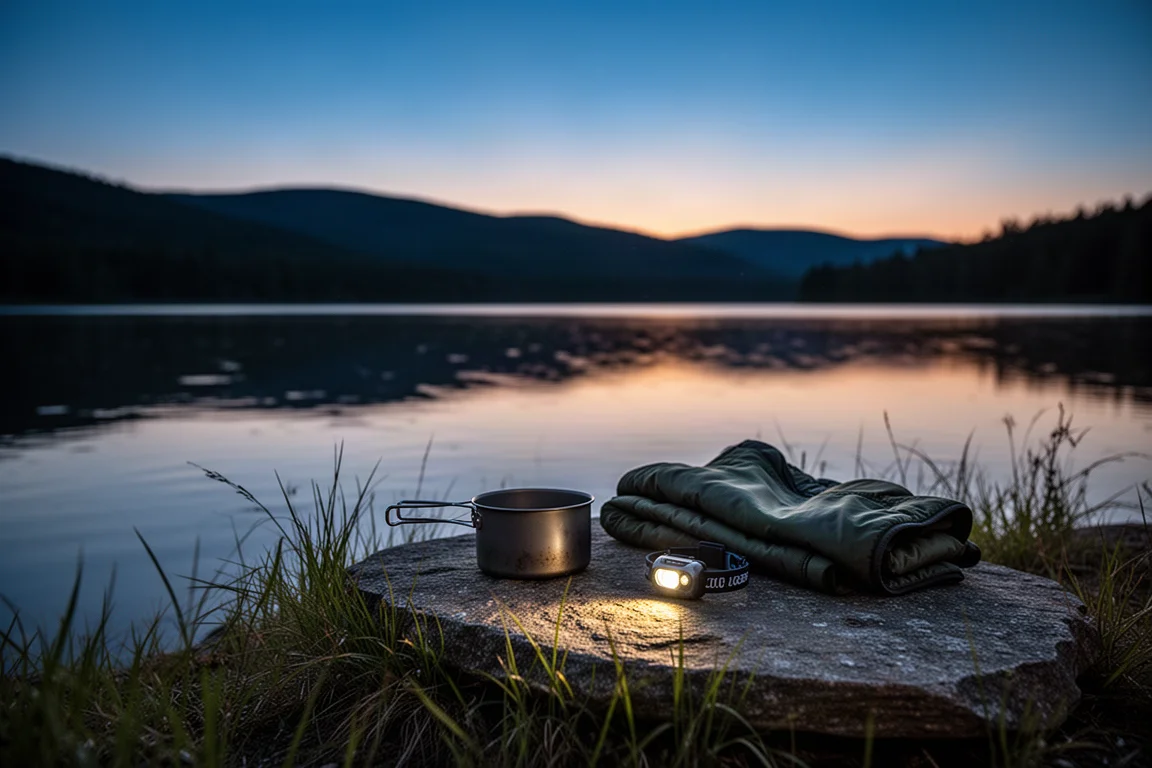 Dusk campsite above a still lake with a silhouetted ridgeline and staged gear