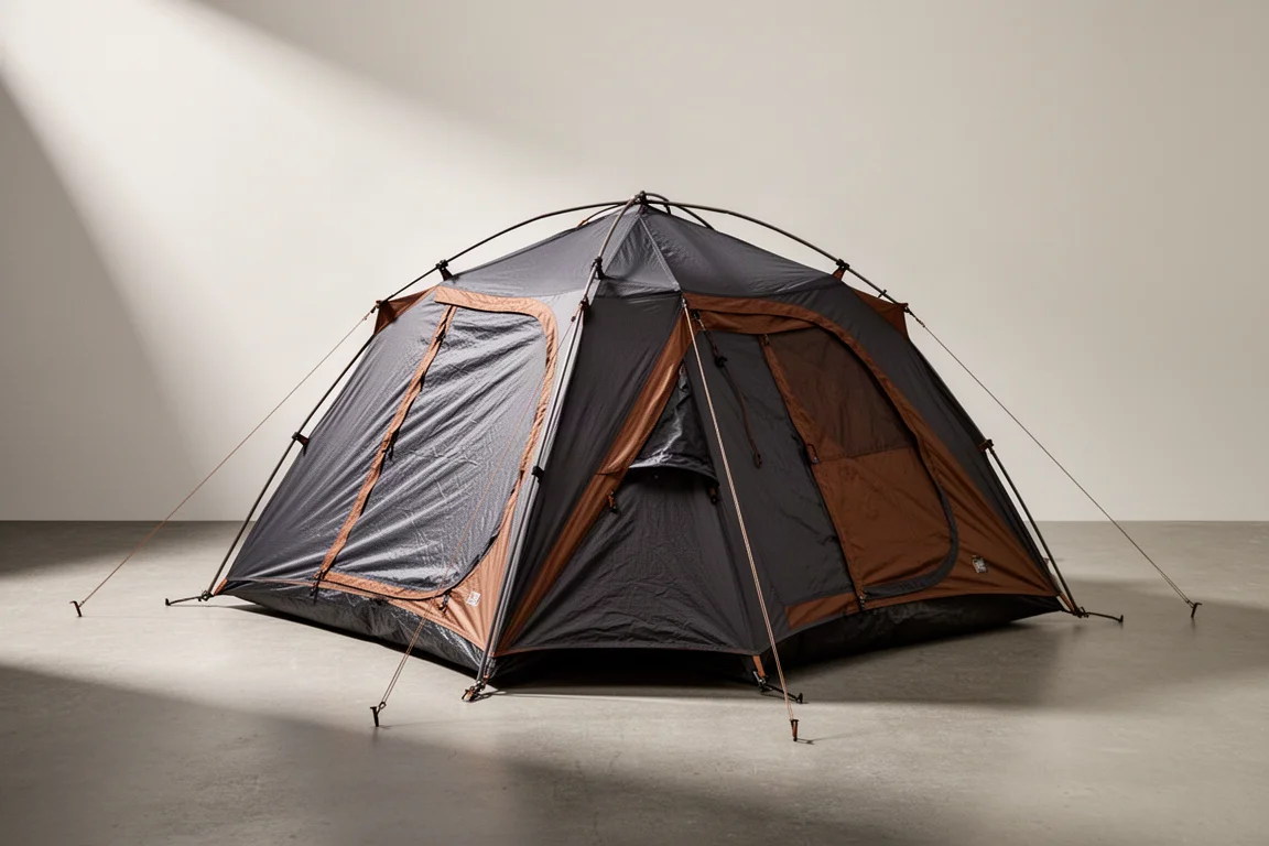 Two-person backpacking tent in dark gray and brown pitched on a concrete surface