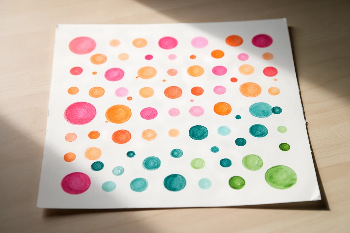 Hoja de papel cubierta de puntos de colores de distintos tamaños hechos con rotuladores de puntos