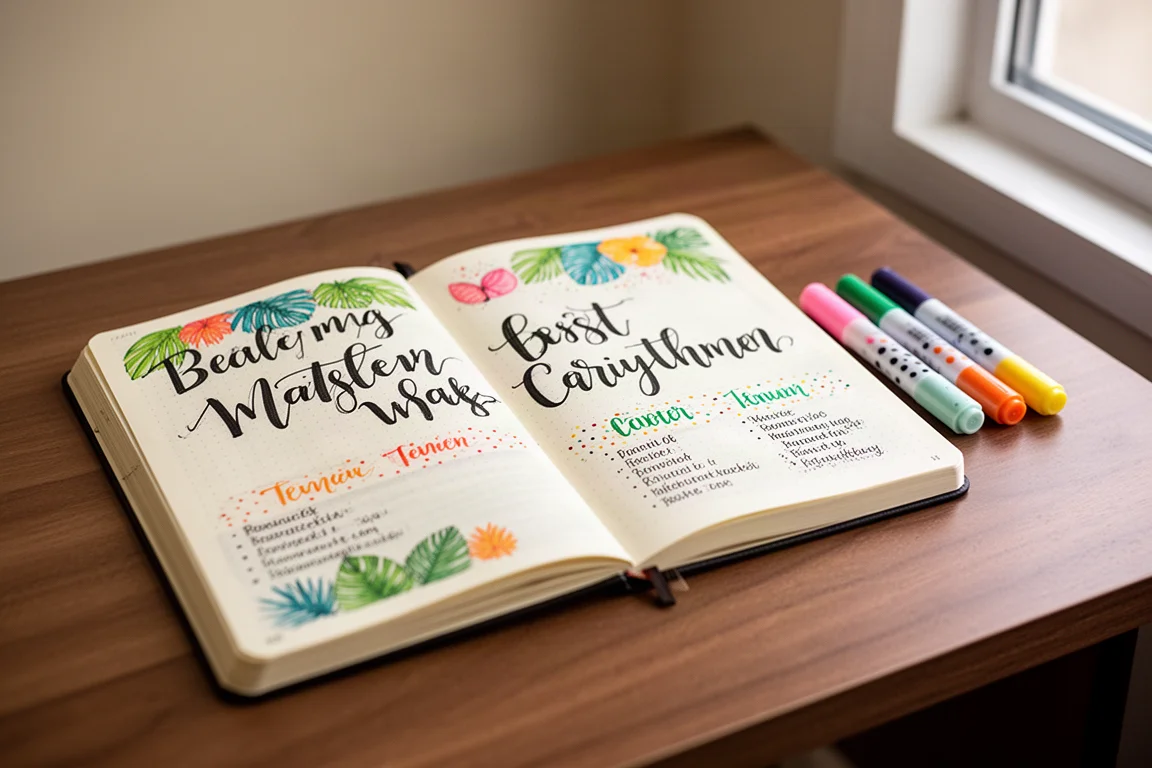 Bullet journal abierto con títulos de puntos y lettering de colores en curso