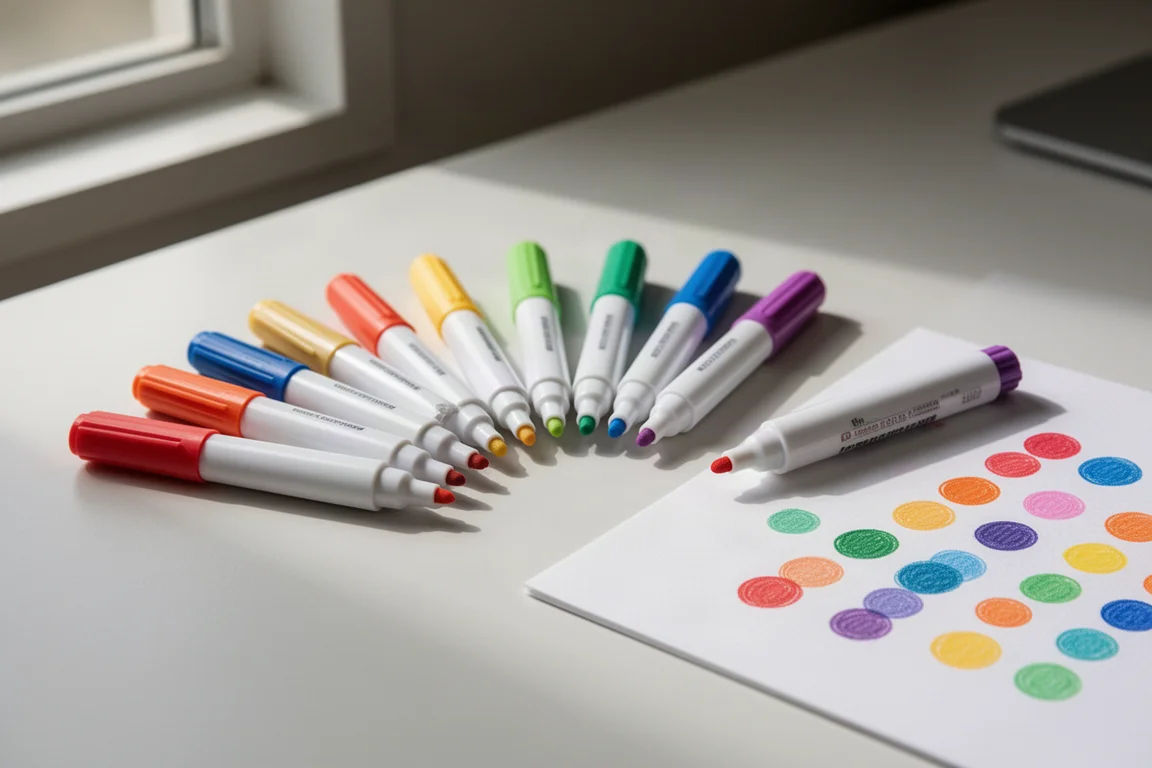 Dot marker a doppia punta con cappucci colorati disposti accanto a campiture a pois su carta