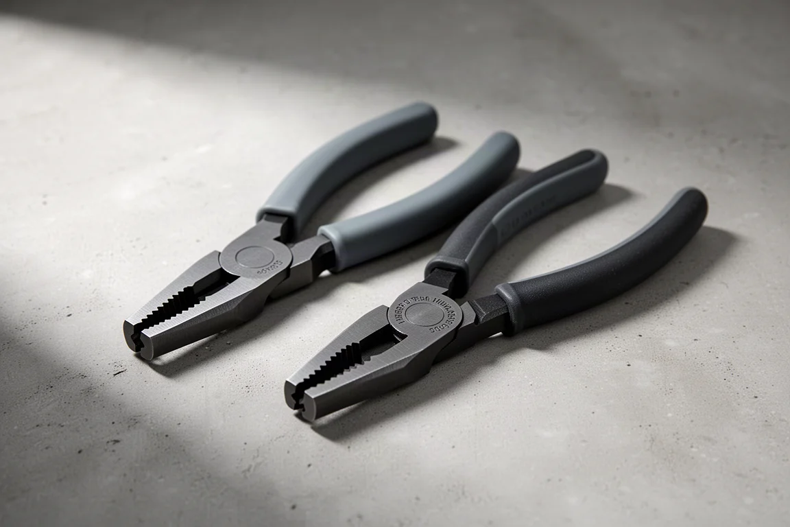 Two pairs of dark gray screw extraction pliers side by side on concrete