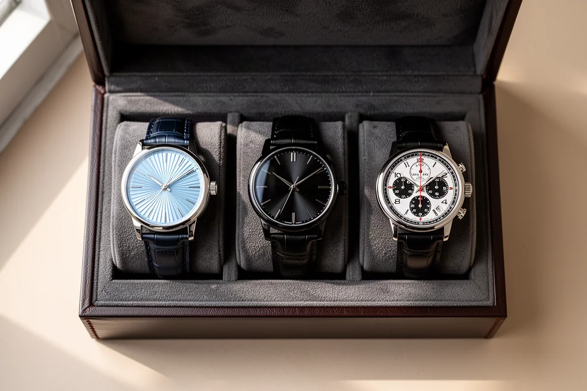 ダークベルベットの上に3本のドレスウォッチを展示したコレクターズウォッチボックス