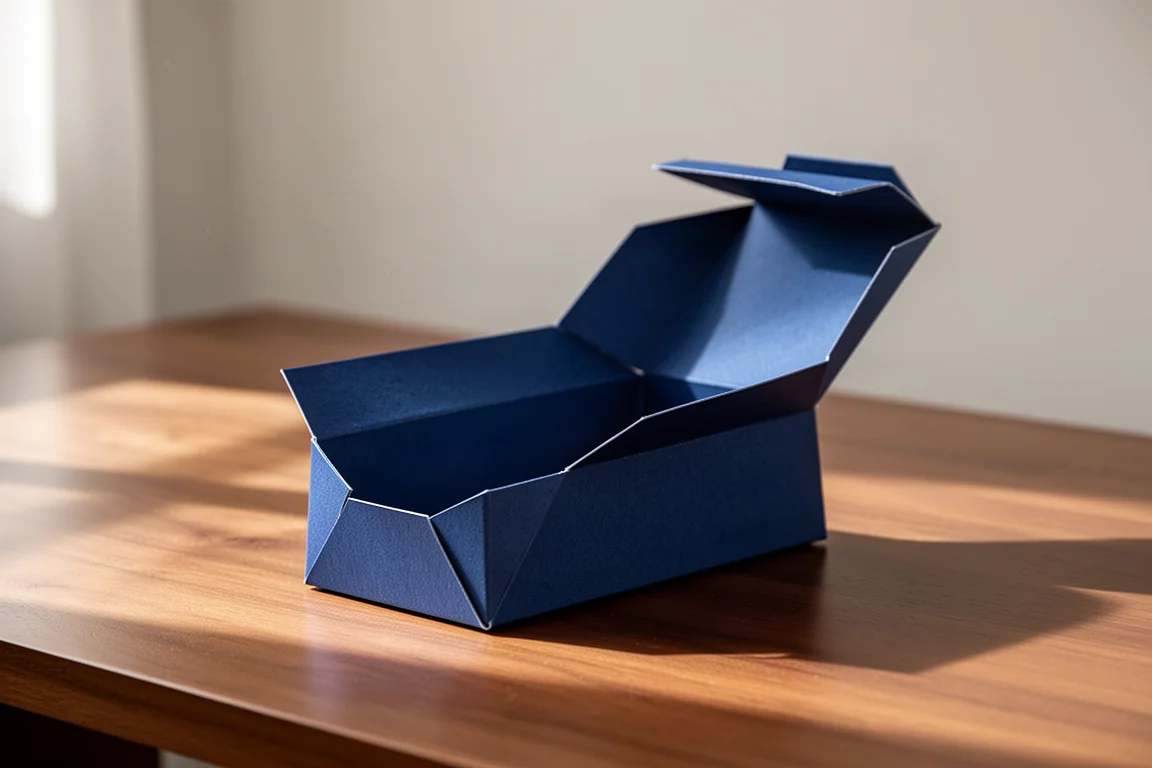 Caixa azul de embalagem de lápis com formato angular aberta sobre uma mesa de madeira