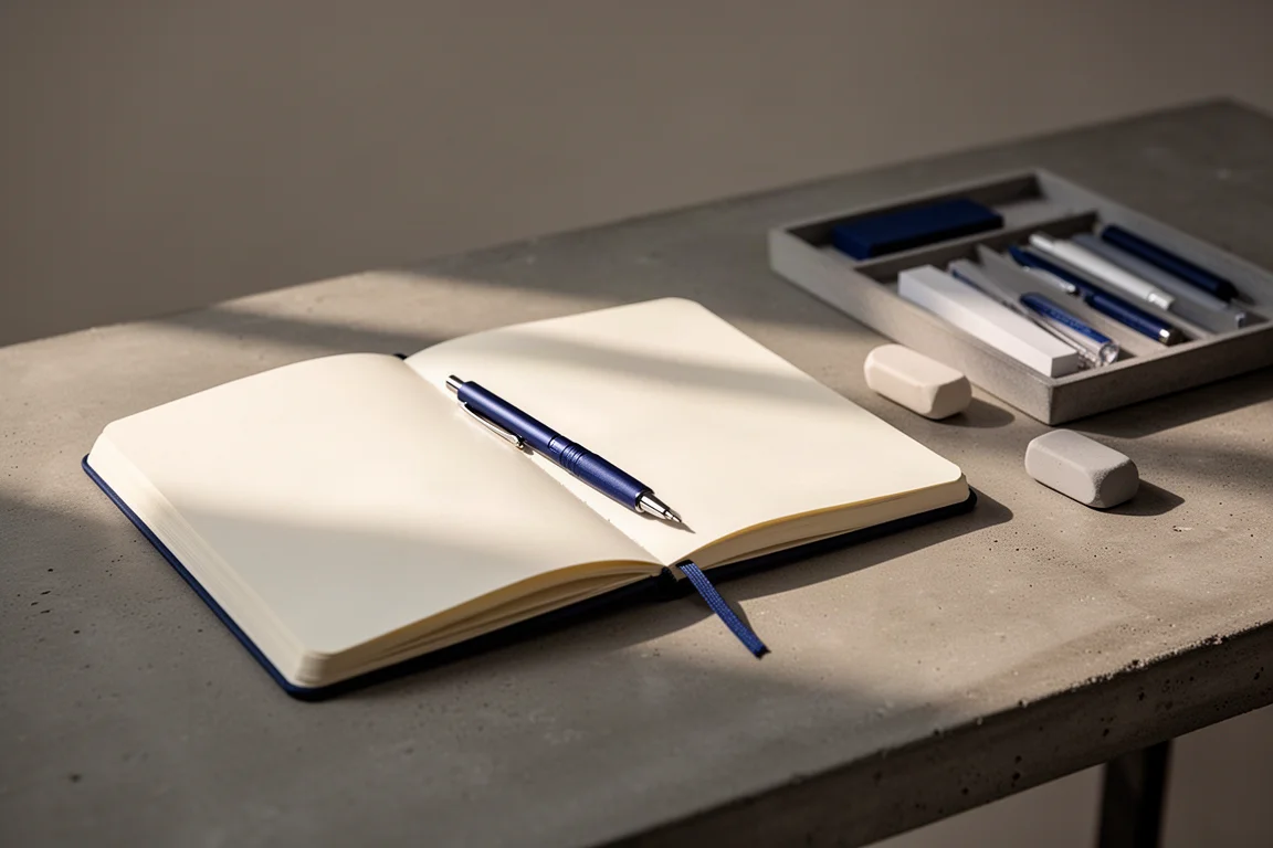 Mesa de trabalho com caderno de esboços e canetas durante uma longa sessão de escrita