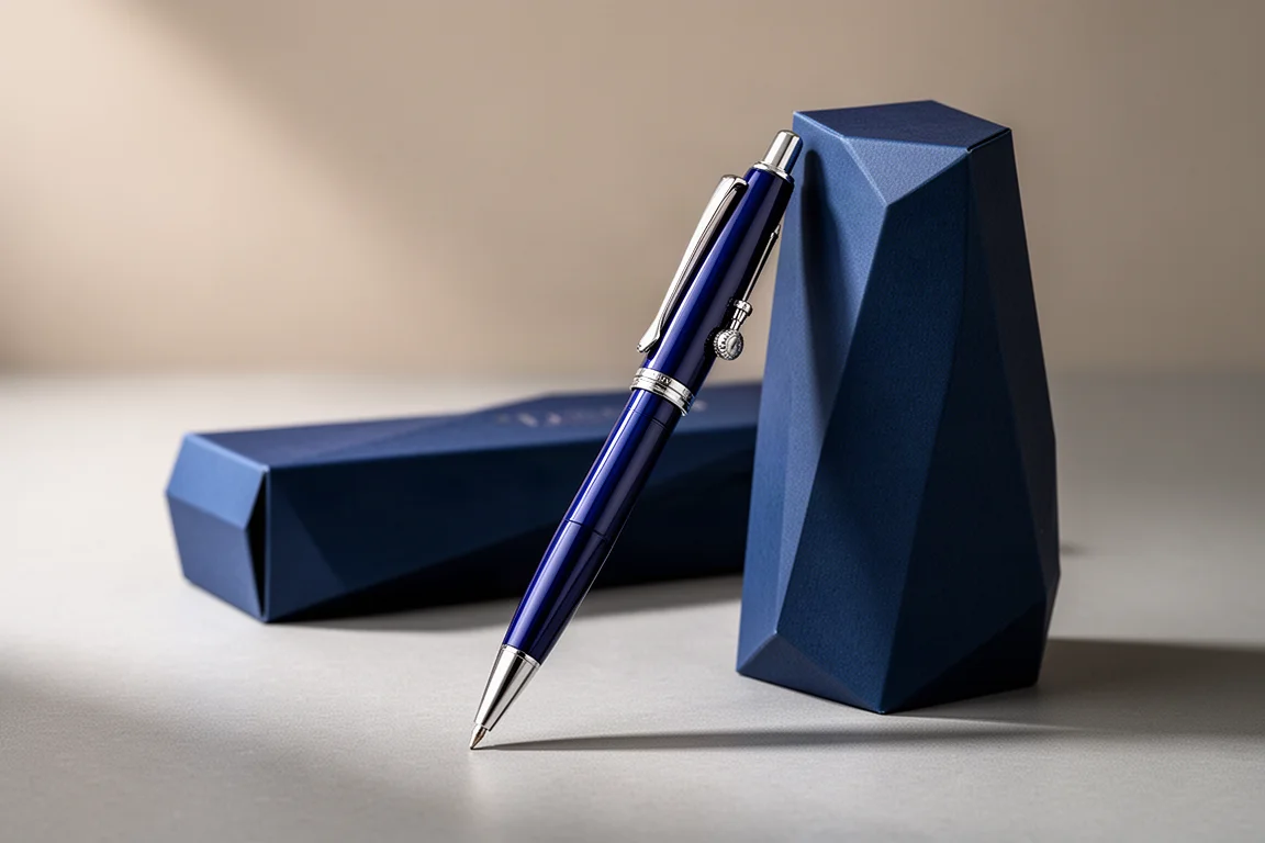 Deep blue flagship mechanical pencil with angular blue packaging on grey surface