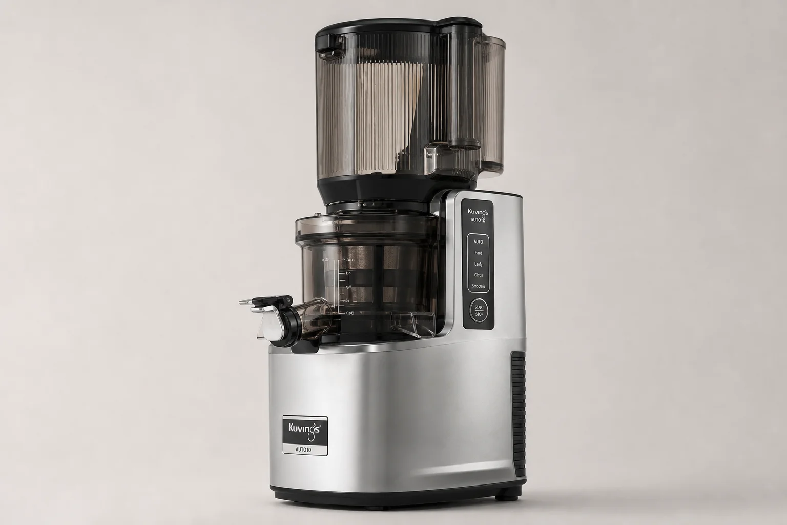 Four cold press juicers lined up on concrete: Hurom H70, H400, Nama J2, and Kuvings AUTO10