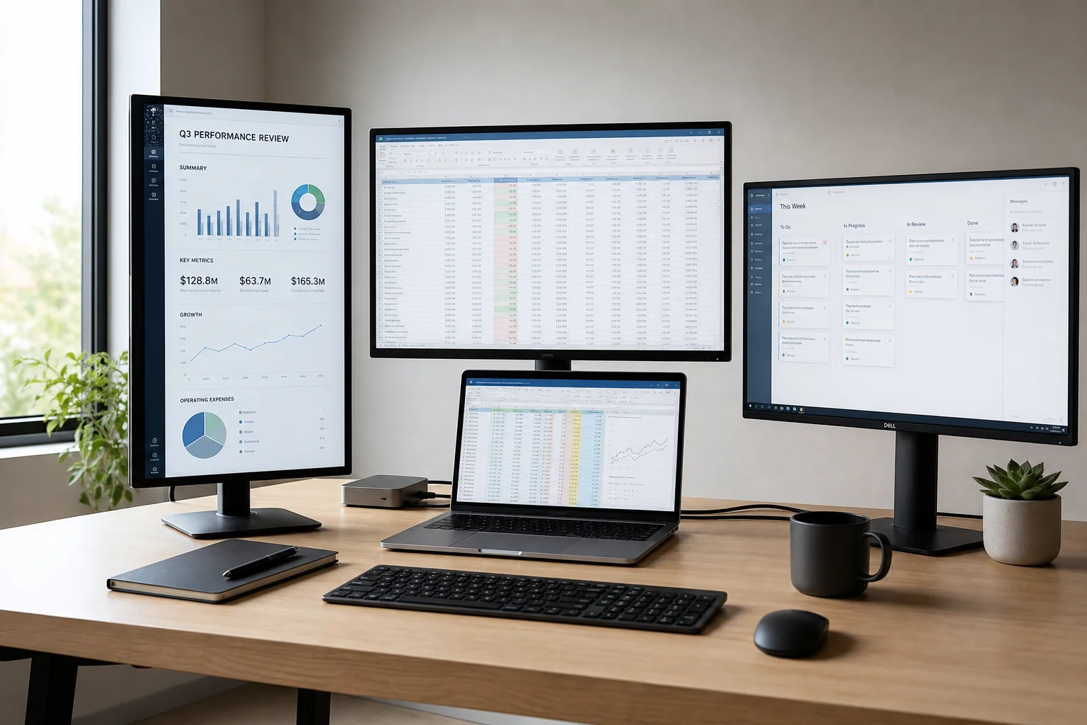 Laptop-arbetsstation med flera externa skärmar som visar produktivitetsappar