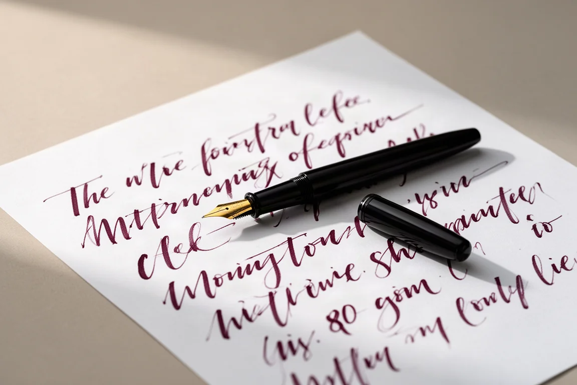 Schriftprobe eines Füllhalters mit dunkelroter Tinte auf weißem Papier